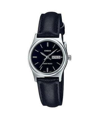 Front view of Casio Collection LTP-V006L-1B2 Black Leather Womens Watch on white background