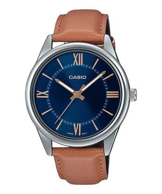 Front view of Casio Collection MTP-V005L-2B5 Blue Dial Brown Leather Mens Watch on white background