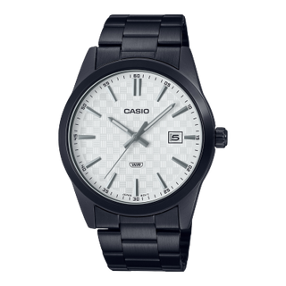 Front view of Casio Collection MTP-VD03B-7A White Dial Grey Stainless Steel Mens Watch on white background