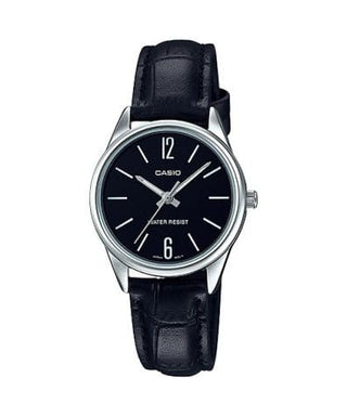 Front view of Casio Collection LTP-V005L-1B Black Leather Womens Watch on white background