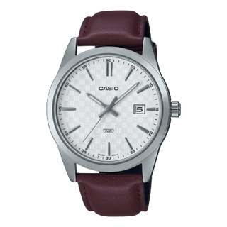 Front view of Casio Collection MTP-VD03L-5A White Dial Brown Leather Mens Watch on white background