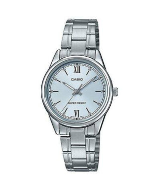 Front view of Casio Collection LTP-V005D-2B3 Grey Stainless Steel Womens Watch on white background