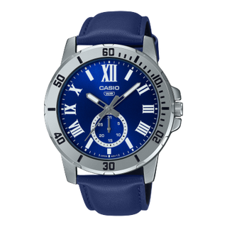 Front view of Casio Collection MTP-VD200L-2B Blue Leather Mens Watch on white background