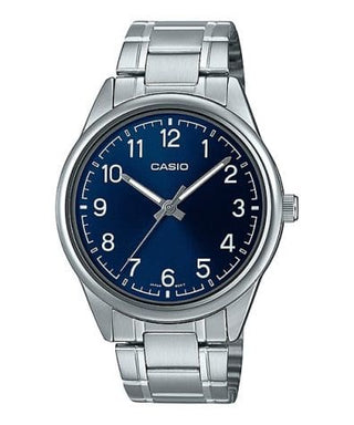 Front view of Casio Collection MTP-V005D-2B5 Blue Dial Grey Stainless Steel Mens Watch on white background