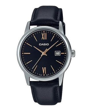 Front view of Casio Collection MTP-V002L-1B3 Black Leather Mens Watch on white background