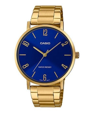 Front view of Casio Collection MTP-VT01G-2B2 Blue Dial Gold Stainless Steel Mens Watch on white background