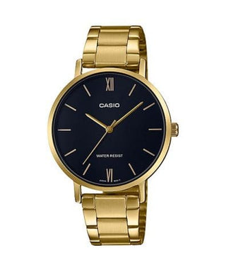 Front view of Casio Collection LTP-VT01G-1B Black Dial Gold Stainless Steel Womens Watch on white background