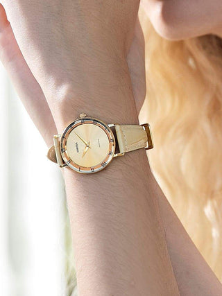 Angle shot of Jowissa J2.269.M Gold Leather Womens Watch on white background