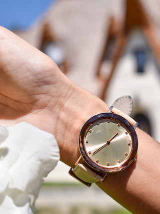 Angle shot of Jowissa J5.565.L Beige Leather Womens Watch on white background