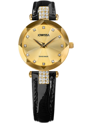 Front view of Jowissa J5.615.S Gold Dial Black Leather Womens Watch on white background