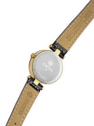 Angle shot of Jowissa J5.615.S Gold Dial Black Leather Womens Watch on white background