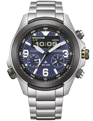 Front view of Citizen JV1006-51L Blue Dial Silver Stainless Steel Unisex Watch on white background