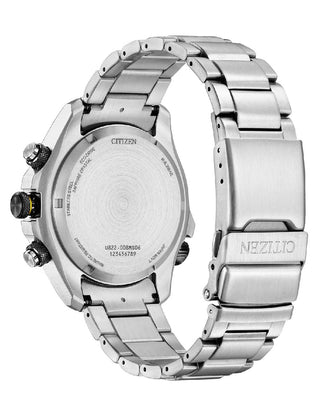 Angle shot of Citizen JV1006-51L Blue Dial Silver Stainless Steel Unisex Watch on white background
