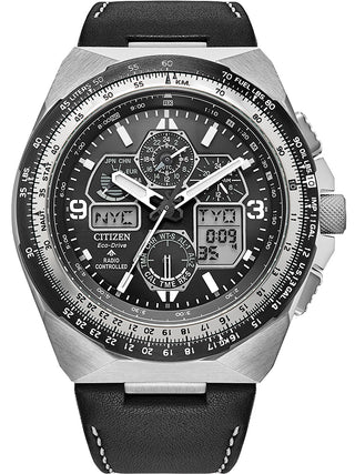 Front view of Citizen Chronograph JY8149-05E Black Leather Unisex Watch on white background