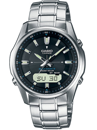 Front view of Casio Chronograph LCW-M100DSE-1AER Black Dial Silver Stainless Steel Unisex Watch on white background