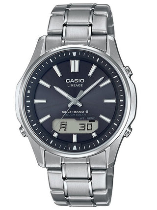 Front view of Casio Lineage Multiband 6 Tough Solar Chronograph LCW-M100TSE-1AER Black Dial Silver Titanium Unisex Watch on white background