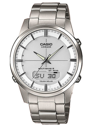 Front view of Casio Lineage Multiband 6 Tough Solar LCW-M170TD-7AER White Dial Silver Titanium Unisex Watch on white background