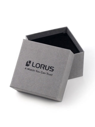 Angle shot of Lorus Chronograph R2367MX9 Grey Dial Black Silicone Unisex Watch on white background