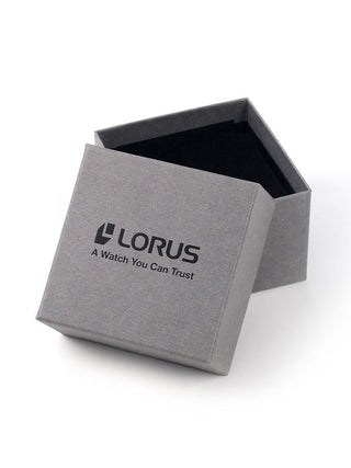 Angle shot of Lorus Chronograph R2333NX9 Grey Dial Black Silicone Womens Watch on white background