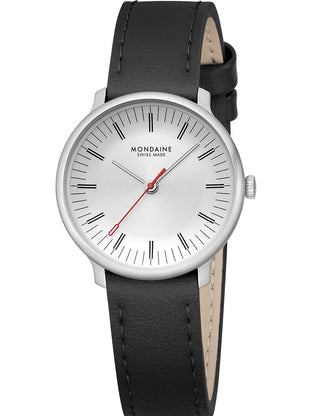 Angle shot of Mondaine MLE.33110.LBV White Dial Black Leather Womens Watch on white background