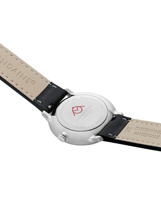 Angle shot of Mondaine MLE.33110.LBV White Dial Black Leather Womens Watch on white background