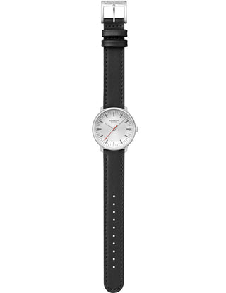 Angle shot of Mondaine MLE.33110.LBV White Dial Black Leather Womens Watch on white background