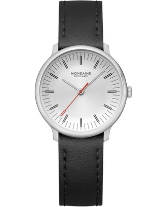 Front view of Mondaine MLE.33110.LBV White Dial Black Leather Womens Watch on white background