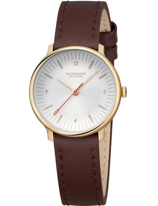Front view of Mondaine MLE.33110.LGV White Dial Brown Leather Womens Watch on white background