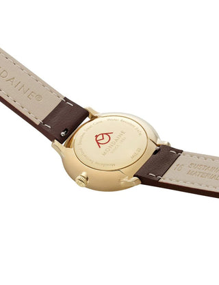 Angle shot of Mondaine MLE.33110.LGV White Dial Brown Leather Womens Watch on white background