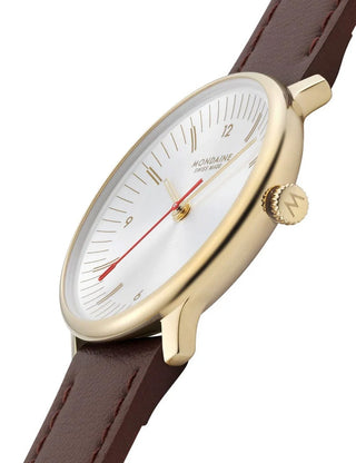 Angle shot of Mondaine MLE.33110.LGV White Dial Brown Leather Womens Watch on white background