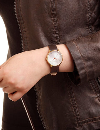 Angle shot of Mondaine MLE.33110.LGV White Dial Brown Leather Womens Watch on white background