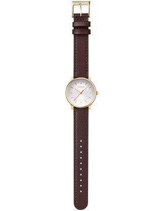 Angle shot of Mondaine MLE.33110.LGV White Dial Brown Leather Womens Watch on white background