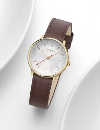 Angle shot of Mondaine MLE.33110.LGV White Dial Brown Leather Womens Watch on white background