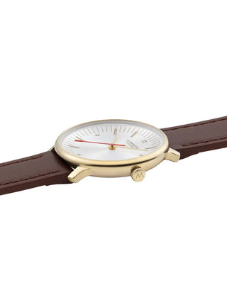 Angle shot of Mondaine MLE.33110.LGV White Dial Brown Leather Womens Watch on white background