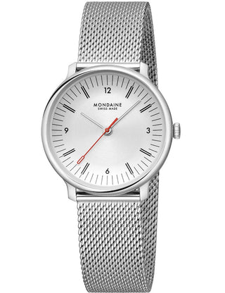 Front view of Mondaine MLE.33110.SM White Dial Silver Stainless Steel Womens Watch on white background