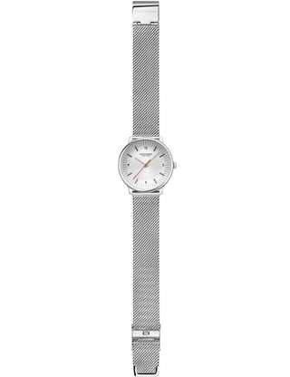 Angle shot of Mondaine MLE.33110.SM White Dial Silver Stainless Steel Womens Watch on white background