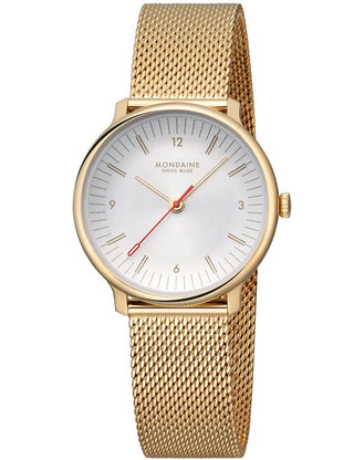 Front view of Mondaine MLE.33111.SM White Dial Gold Stainless Steel Womens Watch on white background