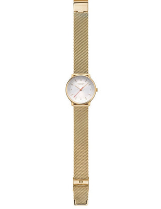 Angle shot of Mondaine MLE.33111.SM White Dial Gold Stainless Steel Womens Watch on white background