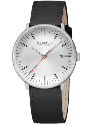 Front view of Mondaine MLE.41210.LBV Silver Dial Black Leather Unisex Watch on white background