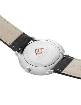 Angle shot of Mondaine MLE.41210.LBV Silver Dial Black Leather Unisex Watch on white background