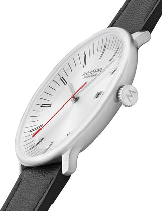 Angle shot of Mondaine MLE.41210.LBV Silver Dial Black Leather Unisex Watch on white background