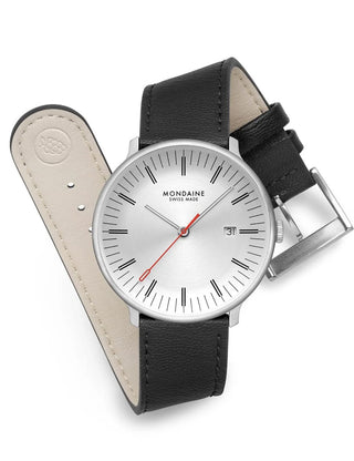 Angle shot of Mondaine MLE.41210.LBV Silver Dial Black Leather Unisex Watch on white background