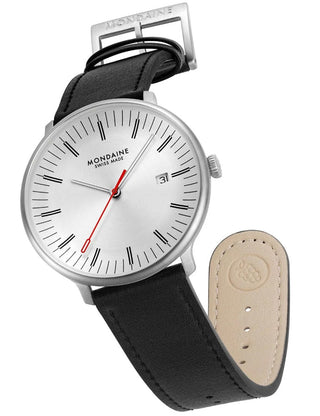 Angle shot of Mondaine MLE.41210.LBV Silver Dial Black Leather Unisex Watch on white background