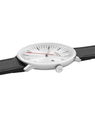 Angle shot of Mondaine MLE.41210.LBV Silver Dial Black Leather Unisex Watch on white background