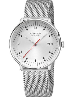Front view of Mondaine MLE.41210.SM Silver Stainless Steel Unisex Watch on white background