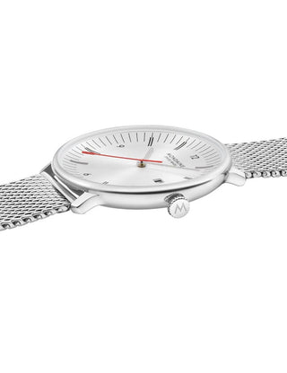 Angle shot of Mondaine MLE.41210.SM Silver Stainless Steel Unisex Watch on white background