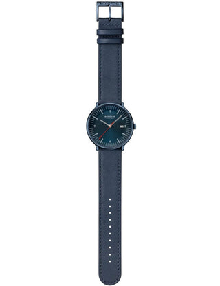 Angle shot of Mondaine MLE.41240.LDV Blue Stainless Steel Unisex Watch on white background