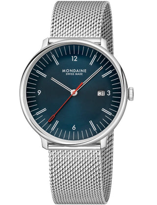 Angle shot of Mondaine MLE.41240.LQV.SET Blue Leather Unisex Watch on white background