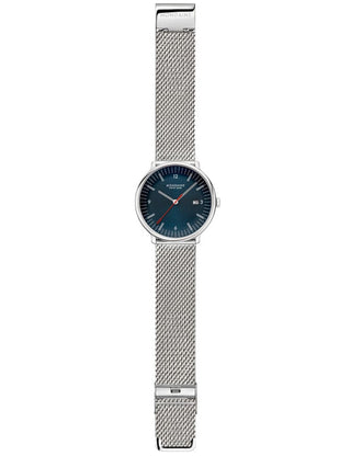 Angle shot of Mondaine MLE.41240.LQV.SET Blue Leather Unisex Watch on white background
