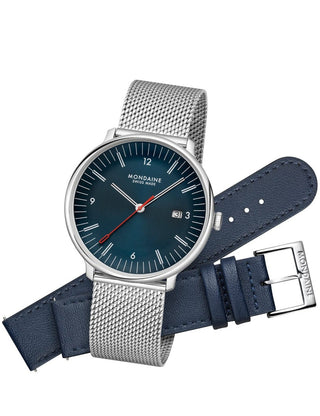 Front view of Mondaine MLE.41240.LQV.SET Blue Leather Unisex Watch on white background